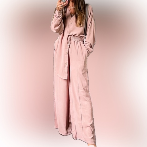 🆕 NWT - DEEP SELF 2 Pc Casual Slit Hem Button Shirt Wide Leg Pant Loungewear S - Picture 1 of 5